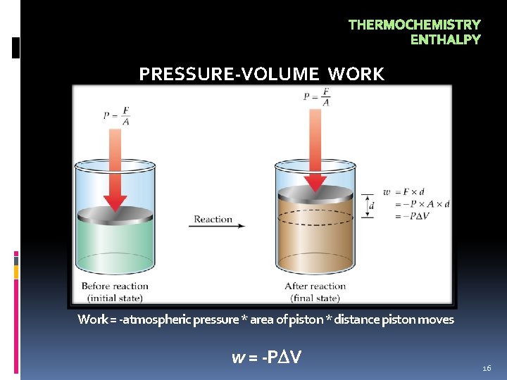 THERMOCHEMISTRY ENTHALPY PRESSURE-VOLUME WORK Work = -atmospheric pressure * area of piston * distance