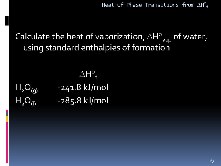 Heat of Phase Transitions from H f Calculate the heat of vaporization, H vap