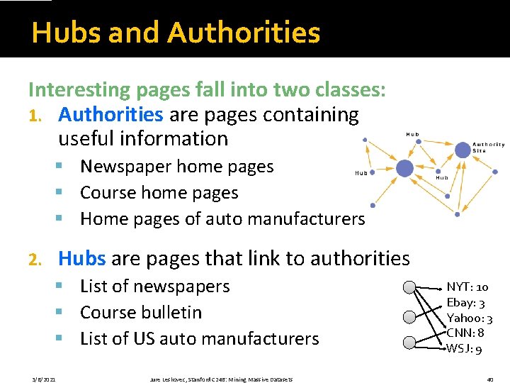 Hubs and Authorities Interesting pages fall into two classes: 1. Authorities are pages containing