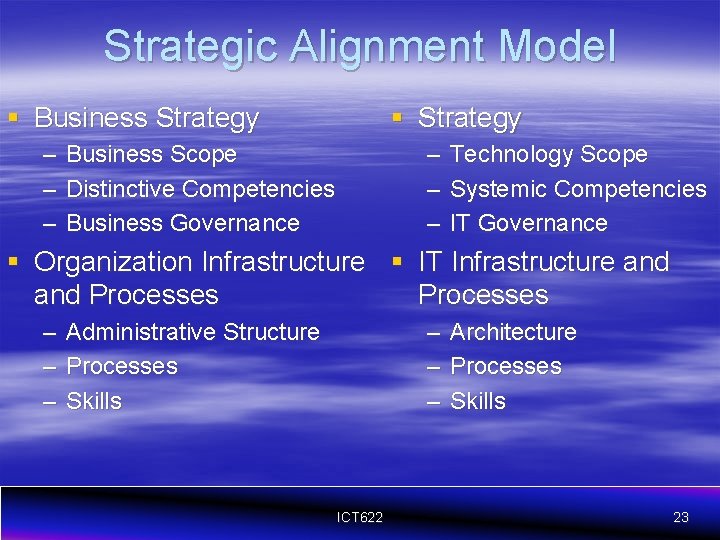 Strategic Alignment Model § Business Strategy – – – § Strategy – – –