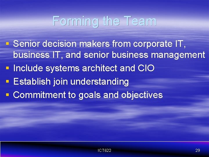 Forming the Team § Senior decision makers from corporate IT, business IT, and senior
