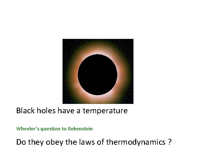 Black holes have a temperature Wheeler’s question to Bekenstein Do they obey the laws