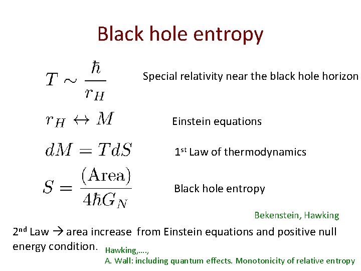 Black hole entropy Special relativity near the black hole horizon Einstein equations 1 st