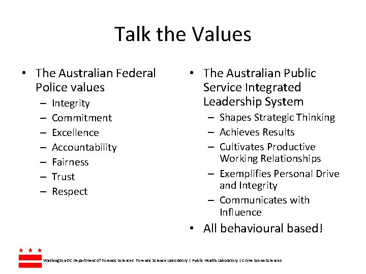 Talk the Values • The Australian Federal Police values – – – – Integrity