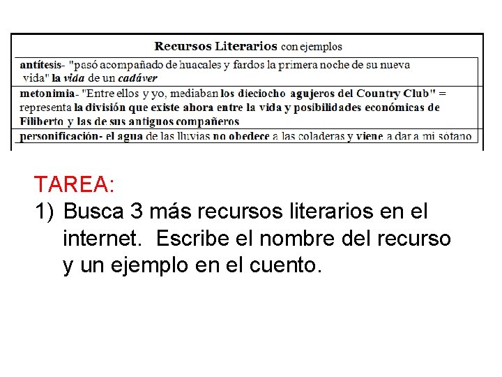 TAREA: 1) Busca 3 más recursos literarios en el internet. Escribe el nombre del