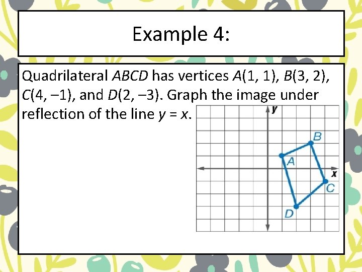 Example 4: Quadrilateral ABCD has vertices A(1, 1), B(3, 2), C(4, – 1), and Example 4: Quadrilateral ABCD has vertices A(1, 1), B(3, 2), C(4, – 1), and