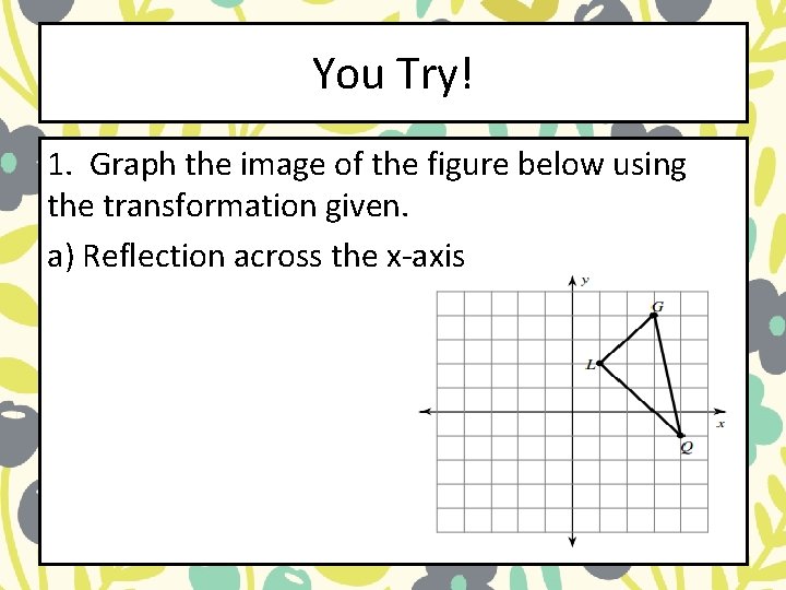 You Try! 1. Graph the image of the figure below using the transformation given. You Try! 1. Graph the image of the figure below using the transformation given.