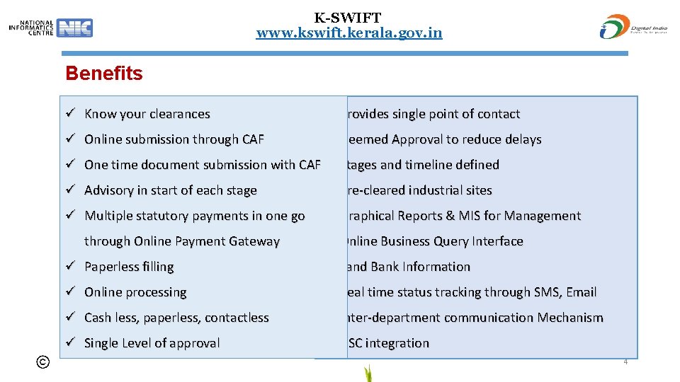 K-SWIFT www. kswift. kerala. gov. in Benefits ü Know your clearances ü Provides single