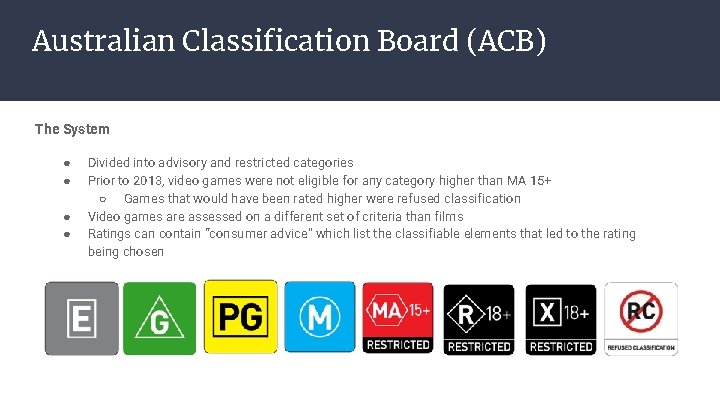 Australian Classification Board (ACB) The System ● ● Divided into advisory and restricted categories