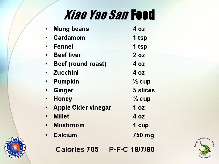 Xiao Yao San Food • • • Mung beans Cardamom Fennel Beef liver Beef Xiao Yao San Food • • • Mung beans Cardamom Fennel Beef liver Beef
