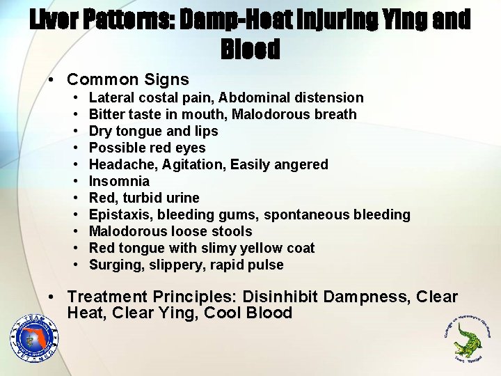 Liver Patterns: Damp-Heat injuring Ying and Blood • Common Signs • • • Lateral Liver Patterns: Damp-Heat injuring Ying and Blood • Common Signs • • • Lateral