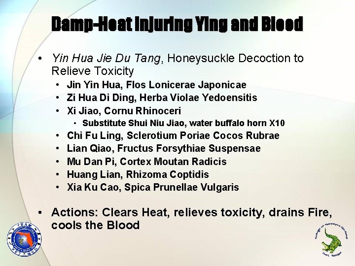 Damp-Heat injuring Ying and Blood • Yin Hua Jie Du Tang, Honeysuckle Decoction to Damp-Heat injuring Ying and Blood • Yin Hua Jie Du Tang, Honeysuckle Decoction to