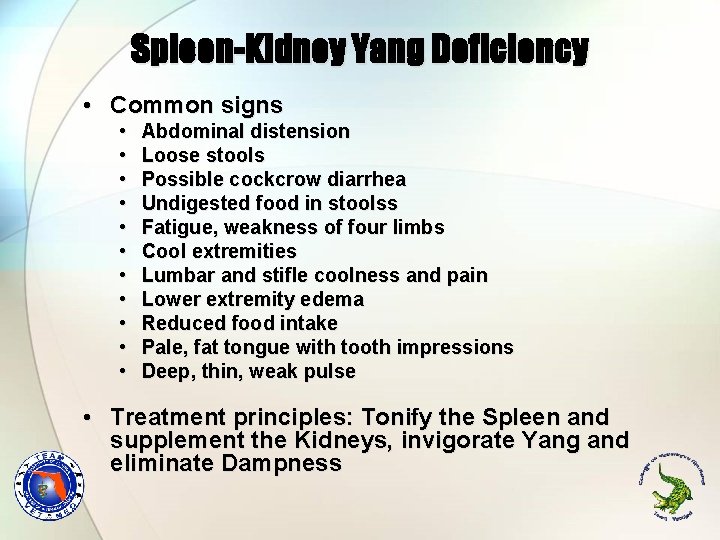 Spleen-Kidney Yang Deficiency • Common signs • • • Abdominal distension Loose stools Possible Spleen-Kidney Yang Deficiency • Common signs • • • Abdominal distension Loose stools Possible