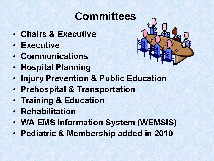 Committees • • • Chairs & Executive Communications Hospital Planning Injury Prevention & Public