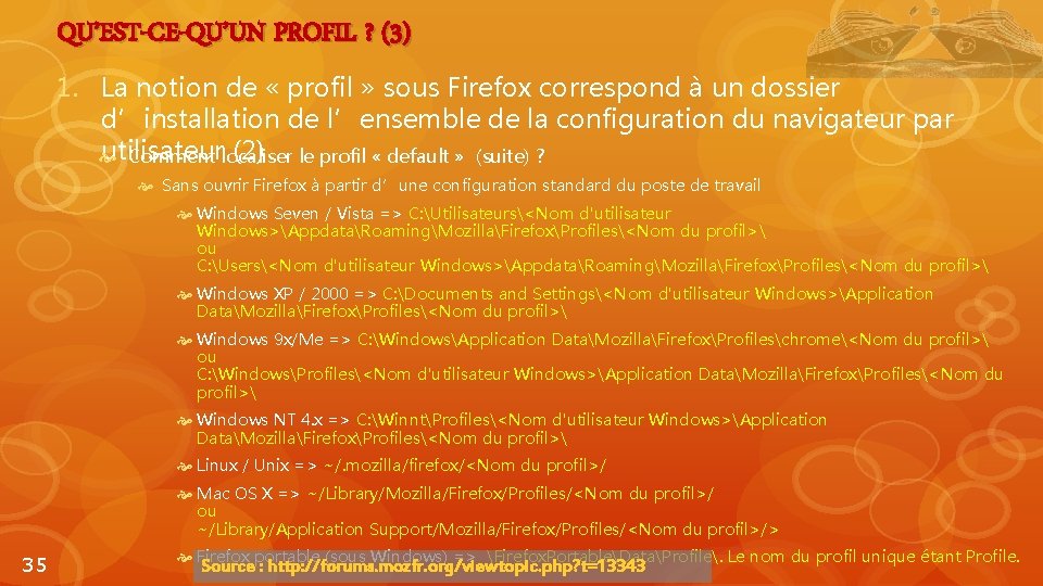 QU’EST-CE-QU’UN PROFIL ? (3) 1. La notion de « profil » sous Firefox correspond