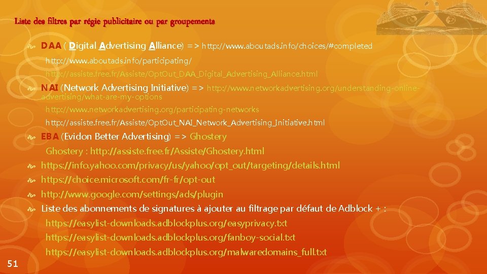 Liste des filtres par régie publicitaire ou par groupements DAA ( Digital Advertising Alliance)
