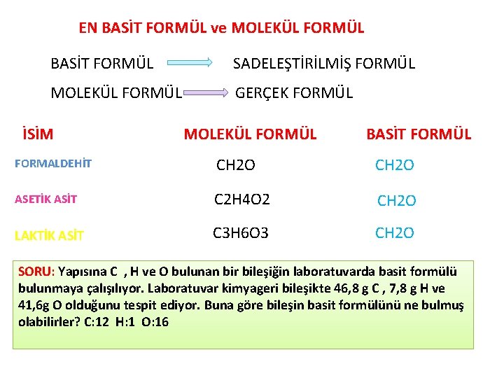 EN BASİT FORMÜL ve MOLEKÜL FORMÜL BASİT FORMÜL SADELEŞTİRİLMİŞ FORMÜL MOLEKÜL FORMÜL GERÇEK FORMÜL