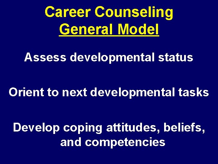 Career Counseling General Model Assess developmental status Orient to next developmental tasks Develop coping