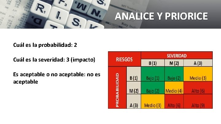 ANALICE Y PRIORICE Cuál es la probabilidad: 2 Cuál es la severidad: 3 (impacto)