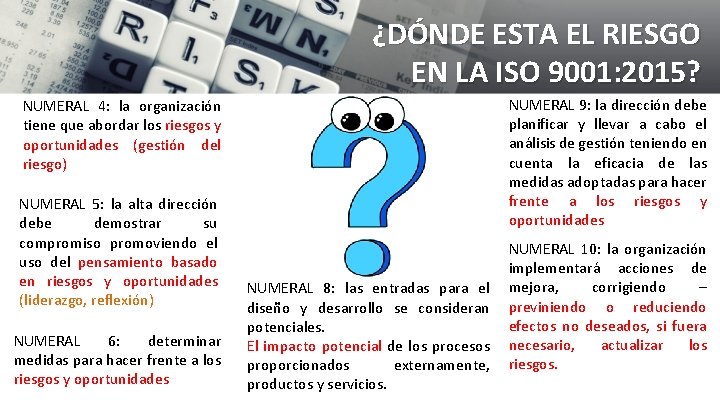 ¿DÓNDE ESTA EL RIESGO EN LA ISO 9001: 2015? NUMERAL 9: la dirección debe