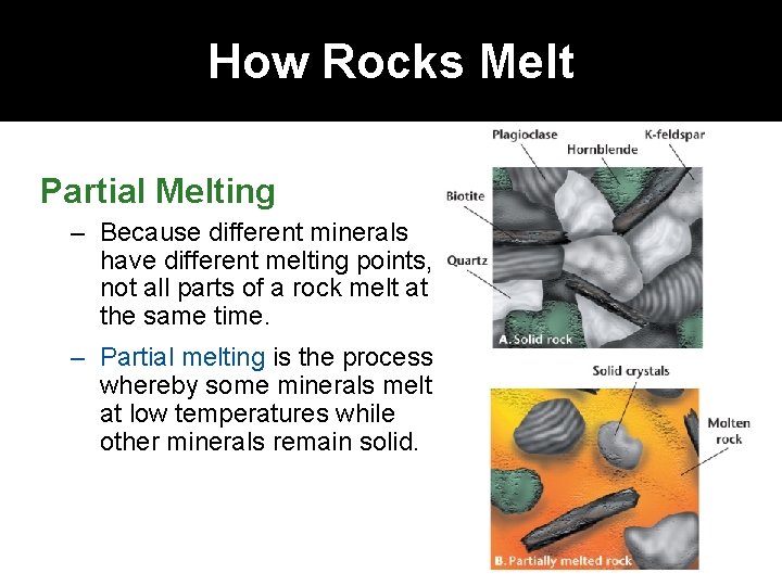 How Rocks Melt Partial Melting – Because different minerals have different melting points, not