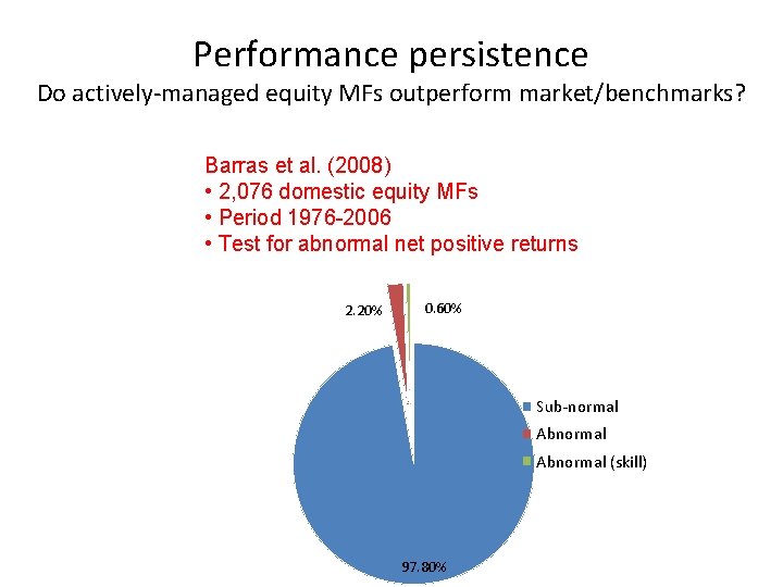 Performance persistence Do actively-managed equity MFs outperform market/benchmarks? Barras et al. (2008) • 2,