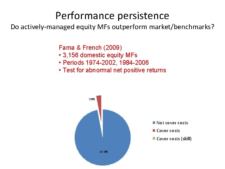 Performance persistence Do actively-managed equity MFs outperform market/benchmarks? Fama & French (2009) • 3,