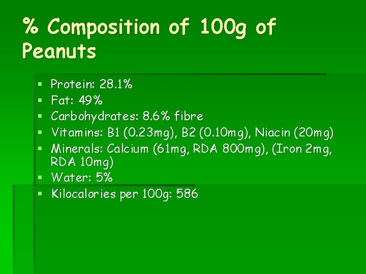 % Composition of 100 g of Peanuts Protein: 28. 1% Fat: 49% Carbohydrates: 8.