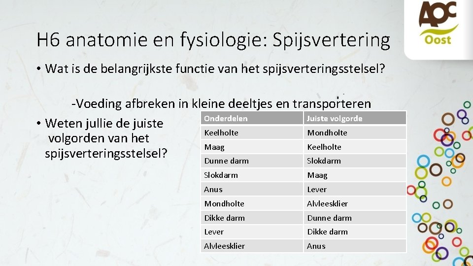 H 6 anatomie en fysiologie: Spijsvertering • Wat is de belangrijkste functie van het