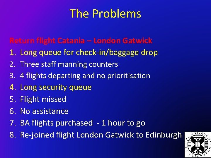 The Problems Return flight Catania – London Gatwick 1. Long queue for check-in/baggage drop