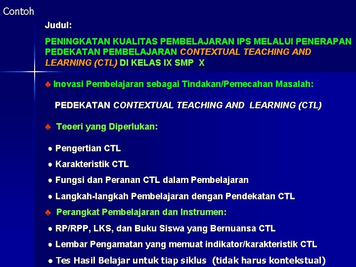 Contoh Judul: PENINGKATAN KUALITAS PEMBELAJARAN IPS MELALUI PENERAPAN PEDEKATAN PEMBELAJARAN CONTEXTUAL TEACHING AND LEARNING