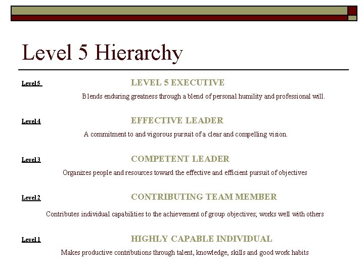 Level 5 Hierarchy Level 5 LEVEL 5 EXECUTIVE Blends enduring greatness through a blend Level 5 Hierarchy Level 5 LEVEL 5 EXECUTIVE Blends enduring greatness through a blend