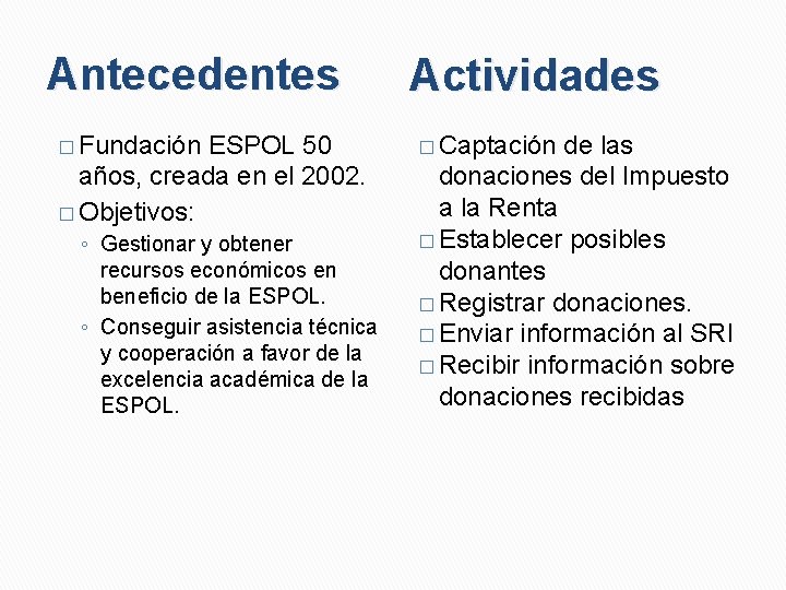 Antecedentes � Fundación ESPOL 50 años, creada en el 2002. � Objetivos: ◦ Gestionar