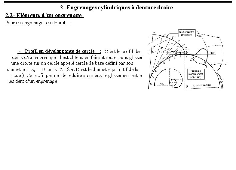 2 - Engrenages cylindriques à denture droite 2. 2 - Eléments d’un engrenage Pour