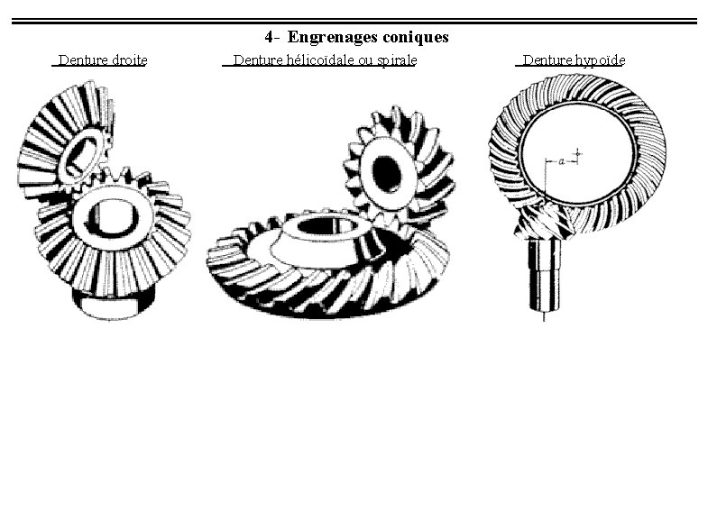 4 - Engrenages coniques Denture droite Denture hélicoïdale ou spirale Denture hypoïde 