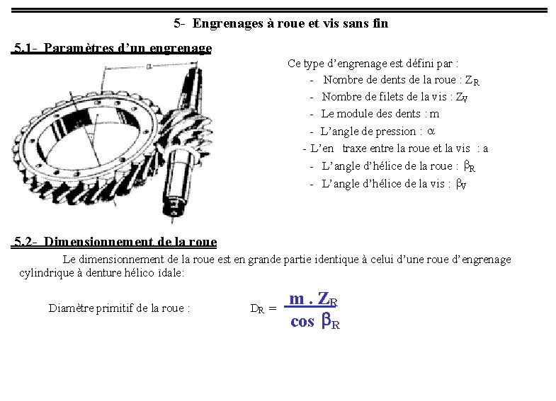 5 - Engrenages à roue et vis sans fin 5. 1 - Paramètres d’un