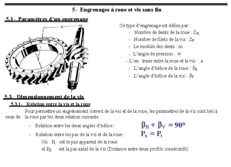 5 - Engrenages à roue et vis sans fin 5. 1 - Paramètres d’un