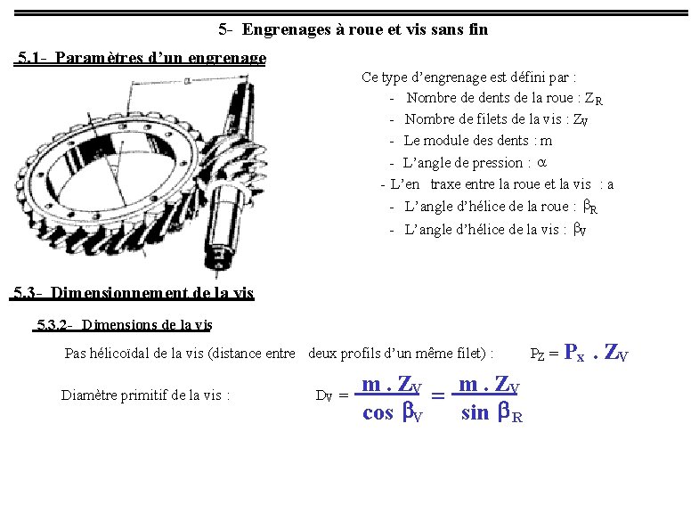 5 - Engrenages à roue et vis sans fin 5. 1 - Paramètres d’un