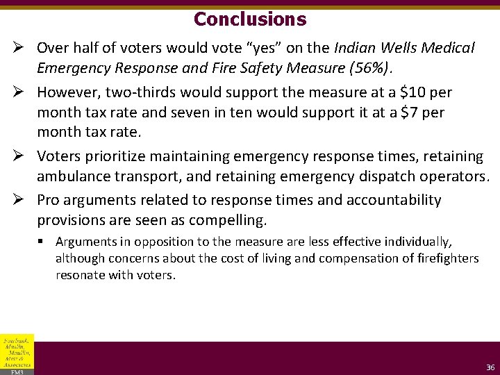 Conclusions Ø Over half of voters would vote “yes” on the Indian Wells Medical