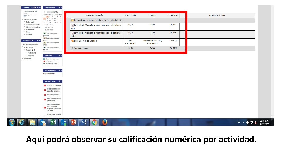 Aquí podrá observar su calificación numérica por actividad. 