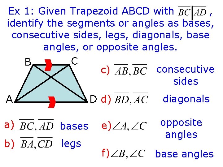 Ex 1: Given Trapezoid ABCD with , identify the segments or angles as bases,