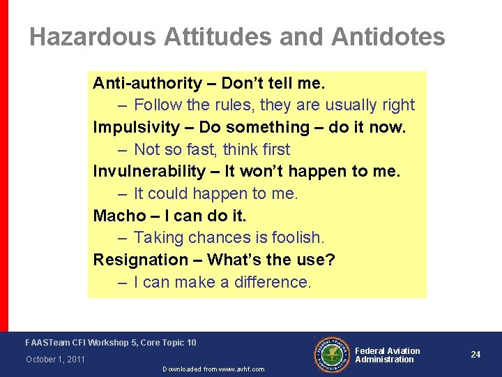 Hazardous Attitudes and Antidotes Anti-authority – Don’t tell me. – Follow the rules, they