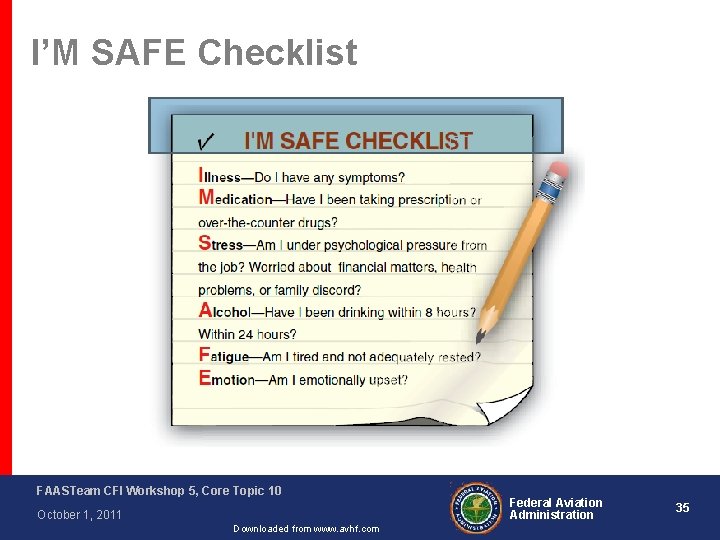 I’M SAFE Checklist FAASTeam CFI Workshop 5, Core Topic 10 October 1, 2011 Downloaded