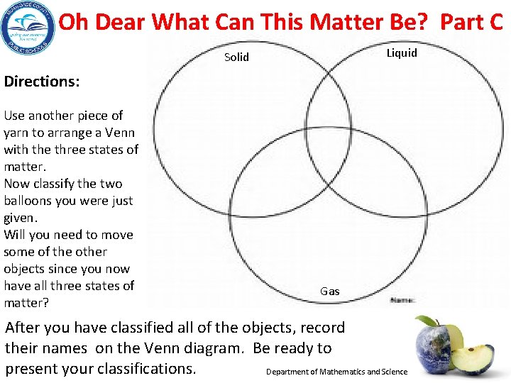 Oh Dear What Can This Matter Be? Part C Liquid Solid Directions: Use another