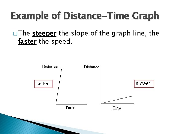 Example of Distance-Time Graph � The steeper the slope of the graph line, the