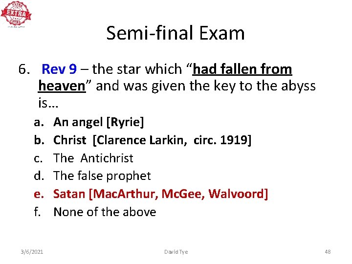 Semi-final Exam 6. Rev 9 – the star which “had fallen from heaven” and