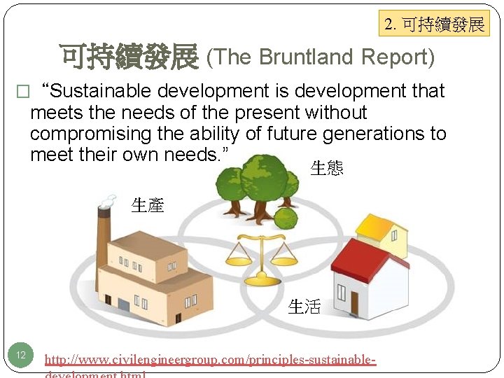 2. 可持續發展 (The Bruntland Report) �“Sustainable development is development that meets the needs of