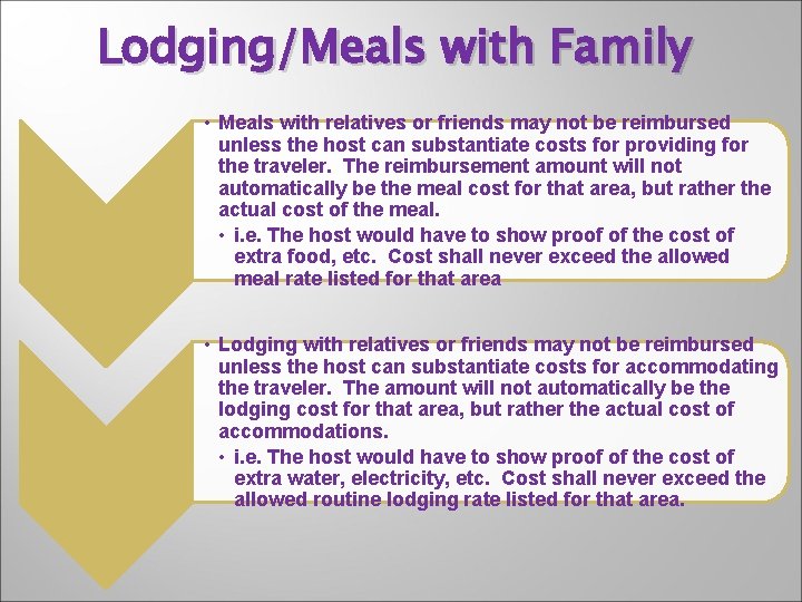 Lodging/Meals with Family • Meals with relatives or friends may not be reimbursed unless