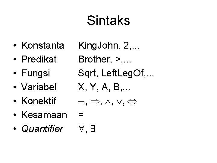Sintaks • • Konstanta Predikat Fungsi Variabel Konektif Kesamaan Quantifier King. John, 2, .
