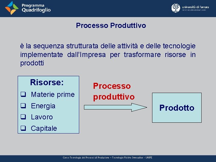 Processo Produttivo è la sequenza strutturata delle attività e delle tecnologie implementate dall’Impresa per